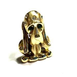Gold puppy dog basset brooch long ears green eyes rhinestone vintage scatter pin